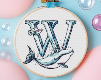 Whimsical Whale W Letter Cross Stitch Pattern | Oceanic Alphabet Adventure | Sea Life Embroidery Design | Compatible with Pattern Keeper