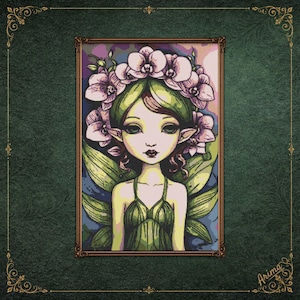 May include: A cross-stitch pattern featuring a stylized illustration of a fairy with pointed ears, wearing a crown of light purple orchids. The figure has green hair, a green dress, and large green wings, set against a dark purple background.
