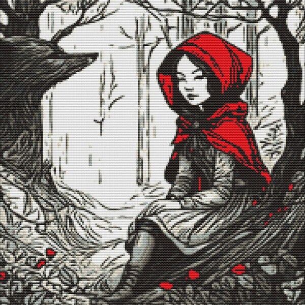 Le petit chaperon rouge point de croix - broderie DIY - artisanat monochrome moderne - point de croix conte de fées