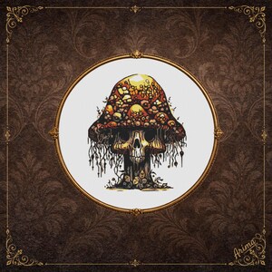 May include: A circular framed illustration featuring a skull integrated into a mushroom cap with yellow, orange, and brown tones. The design includes hanging root-like tendrils and sits within a dark brown background with a decorative damask pattern.
