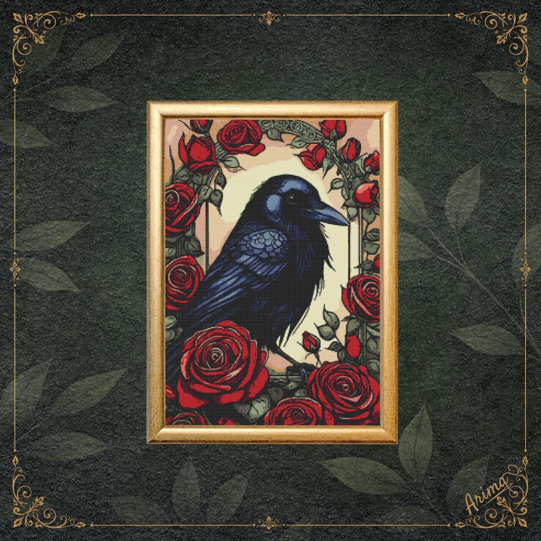 Raven and Red Roses Cross Stitch Pattern, Gothic Bird Embroidery