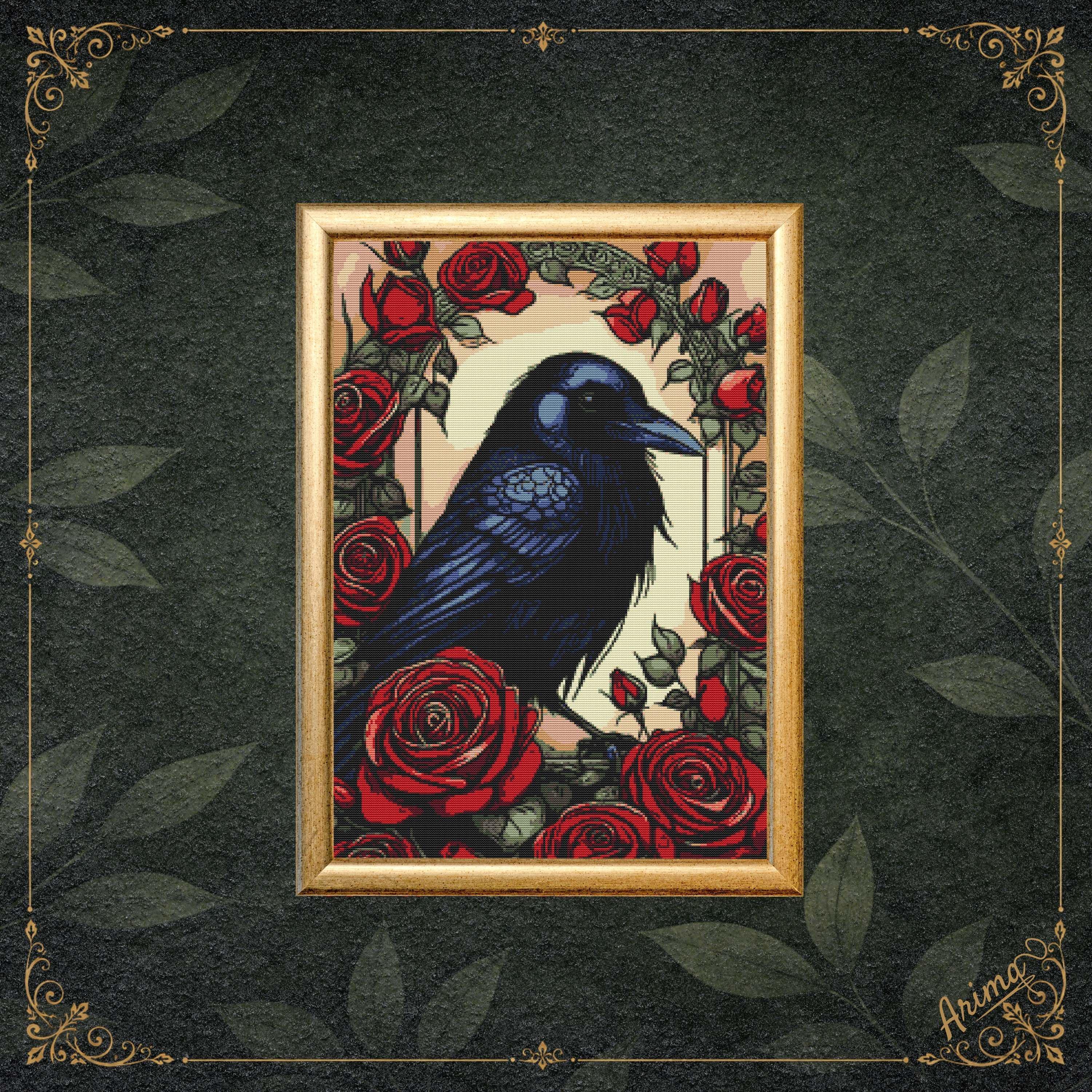 Raven and Red Roses Cross Stitch Pattern, Gothic Bird Embroidery