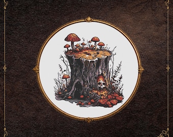 Enchanted Tree Stump Cross Stitch Pattern – Mystical Forest Scene PDF, Nature-Inspired Decor, Low Confetti, Pattern Keeper Compatible