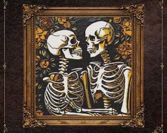 May include: A cross-stitch embroidery piece featuring two skeletons facing each other, surrounded by yellow and orange roses against a black background, encased in an ornate, rectangular, antique-style gold frame with decorative corner details.