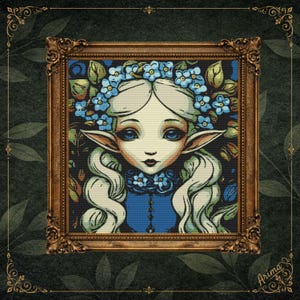 May include: A framed illustration of a pale-skinned elf with long white hair, pointed ears, and large blue eyes. The figure wears a crown of blue flowers and a blue garment with a dark collar, set against a dark background with blue floral accents.