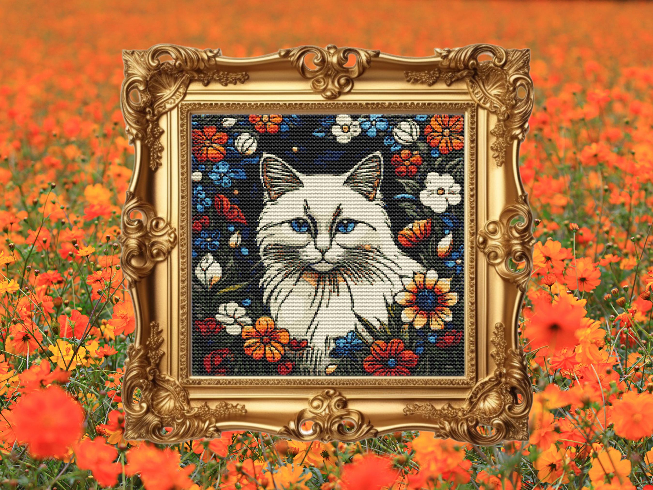 Ragdoll Cat Cross Stitch Pattern PDF | Blue-eyed White Floral Cat ...