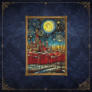 May include: A framed rectangular artwork depicting a red cathedral with onion domes under a swirling night sky with a large yellow moon and stars. The scene features bare trees in the foreground and a dark blue background with ornate gold corner accents.