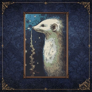 May include: A rectangular framed wall art piece featuring a stylized illustration of a ferret in profile against a dark blue background with white stars and a vertical plant-like element. The frame is brown with ornate gold corner details.