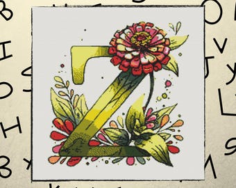 Zinnia Flower Monogram Cross Stitch Pattern – Letter Z Floral