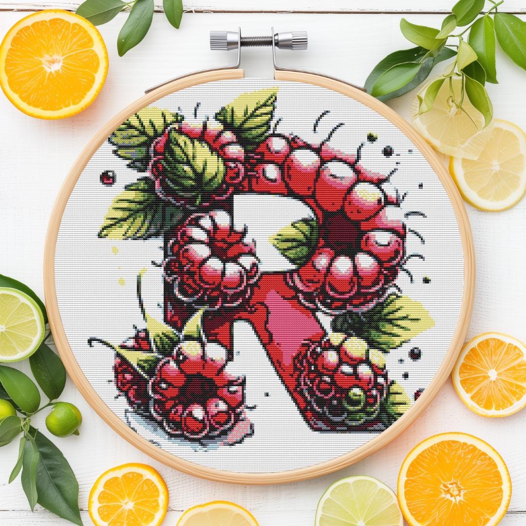 Radiant 'R' for Raspberries Cross Stitch Pattern, Berry Alphabet Series ...