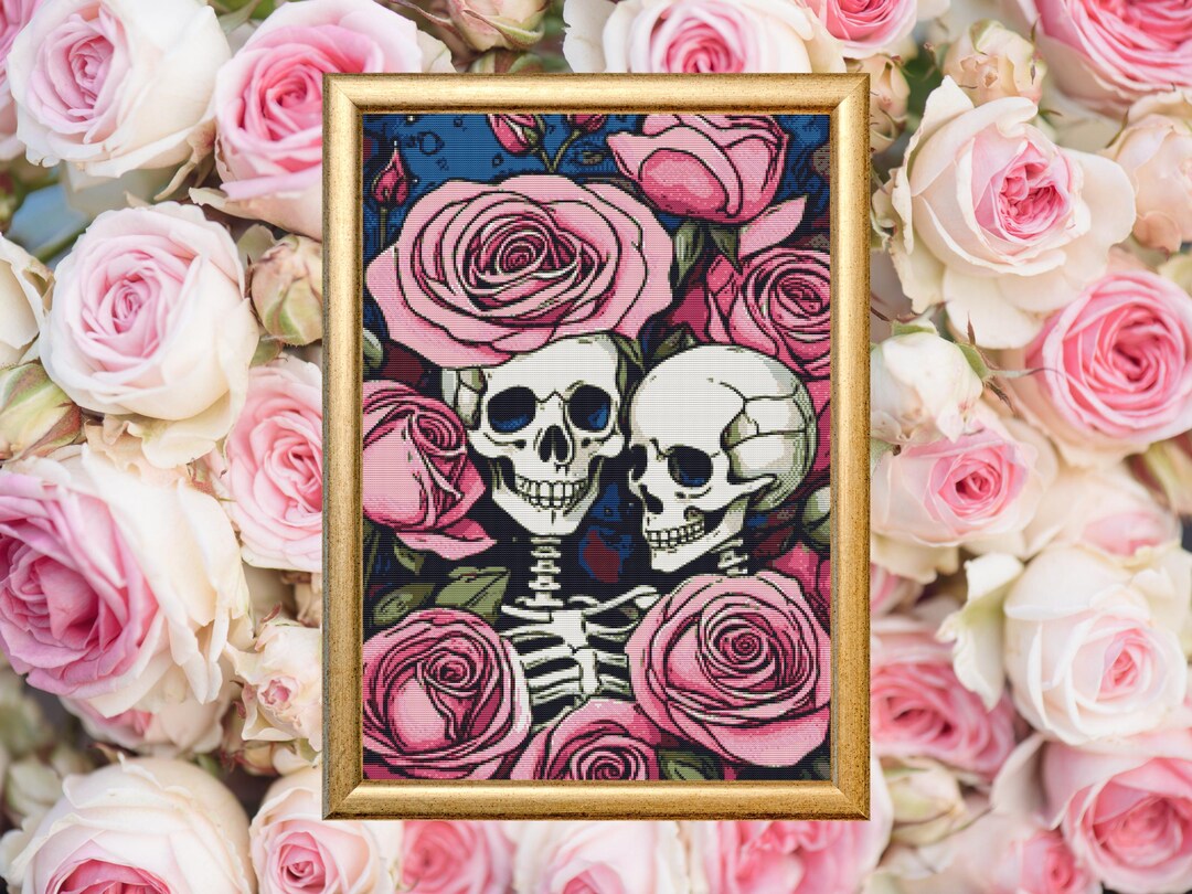 Skeleton Couple and Pink Roses Cross Stitch Pattern (PDF Instant ...