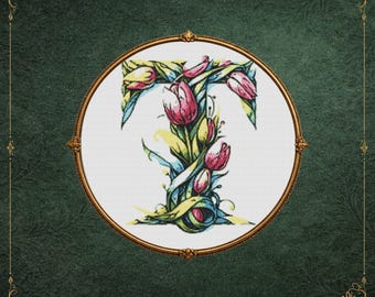 Tulip Flower Monogram Cross Stitch Pattern – Elegant Floral Letter