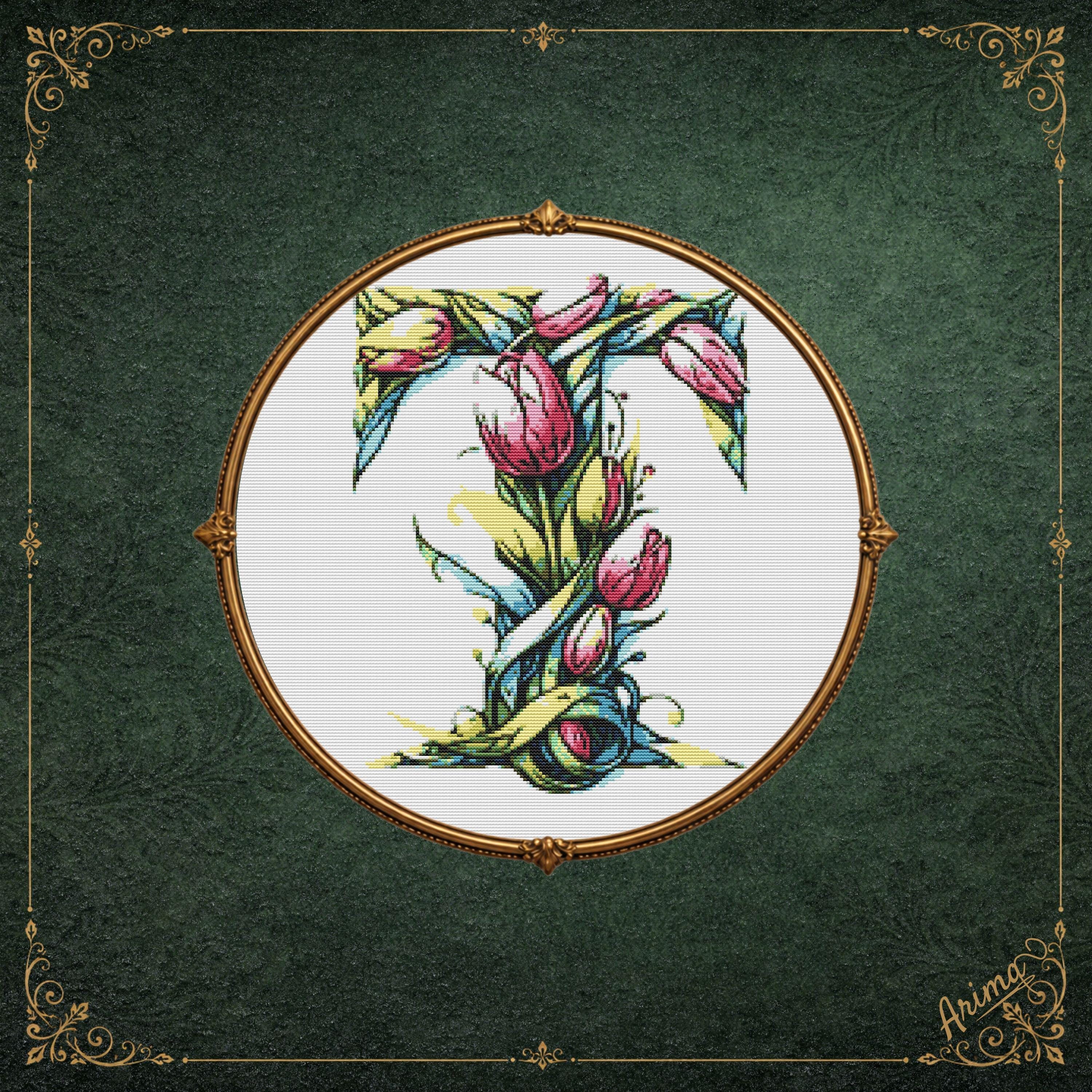 Tulip Flower Monogram Cross Stitch Pattern – Elegant Floral Letter
