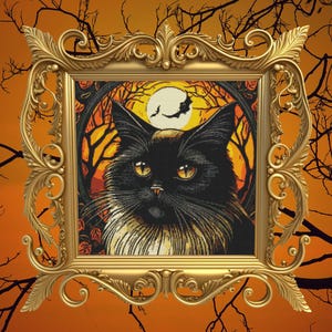 May include: A black cat with yellow eyes sits in a gold ornate frame against a backdrop of a dark forest and a full moon. The cat is looking directly at the viewer.