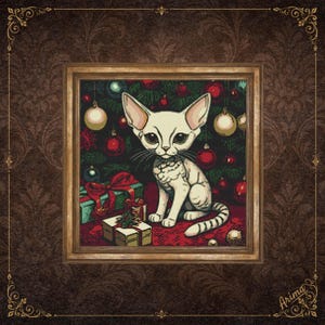 May include: A framed cross-stitch pattern featuring a cream-colored cat with large ears sitting in front of a dark green Christmas tree decorated with red and gold ornaments. Wrapped gifts with red ribbons are placed on a red surface at the base.