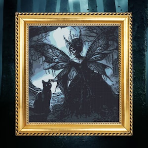 Gothic Fairy Cross Stitch Pattern for Halloween Decor, Witch and Cat Needlework Design, Beginner-Friendly
