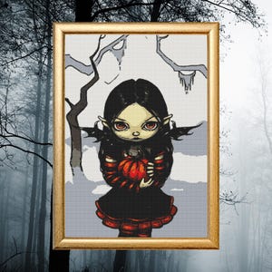 May include: A framed illustration of a young girl with dark hair and large eyes, wearing a red and black dress and holding a red heart. The background is a light grey with a dark tree branch and a snowy landscape.