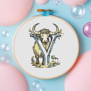 Patrón de punto de cruz con la letra Y de Majestic Yak / Bordado del alfabeto de animales / Decoración rústica para el hogar con vida salvaje / Compatible con Pattern Keeper