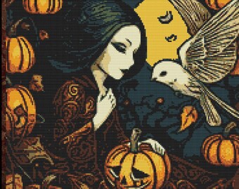 Mystical Owl Cross Stitch Magical Halloween Pattern Fall Pumpkin Decor Owl and Pumpkin Witch Craft  Halloween Needlework Witch and Owl