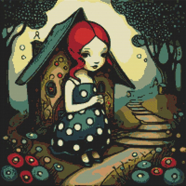 Mystical Mushroom Cottage Cross Stitch Pattern, Polka Dot Dress Maiden, Fantasy Woodland Digital PDF, Storybook Charm Embroidery Design