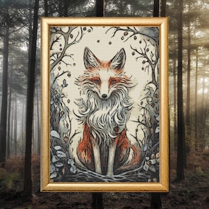 May include: A framed illustration of a red fox with white fur standing in a woodland setting. The fox is surrounded by trees and foliage, with a light background.
