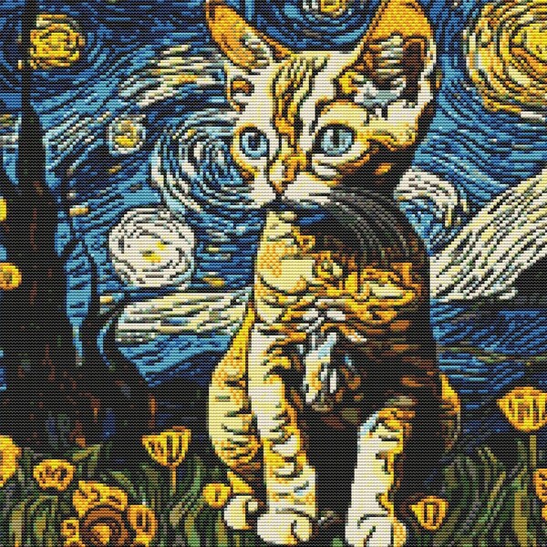 The Starry Night Painting Devon Rex Cat Cross Stitch - Van Gogh Inspired DIY Embroidery PDF
