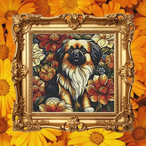 Pekinese Kreuzstichmuster PDF | Blumen Hund Stickdatei Design | Anfängerfreundliches Tierportrait | Pattern keider kompatibles Diagramm