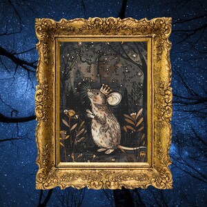 May include: A framed illustration of a mouse wearing a crown, standing in a forest with a starry night sky. The mouse is looking up at the stars and has a surprised expression on its face.
