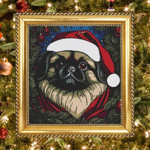 Pekingese Dog Christmas Cross Stitch Pattern estive DIY Embroidery - Instant Download PDF - Whimsical Holiday Needlework