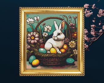 Easter Bunny Cross Stitch Pattern, Spring Flowers, Eggs (Digital Download)