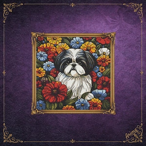 May include: A framed cross-stitch embroidery featuring a black and white Shih Tzu dog surrounded by a vibrant garden of red, yellow, and blue flowers. The artwork is encased in an ornate gold-coloured frame against a deep purple background.