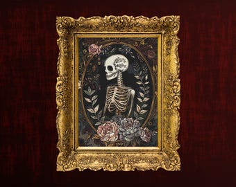 Victorian Skeleton Cross Stitch Pattern, Gothic Floral Embroidery Design, Spooky PDF, Instant Download