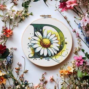 Patrón de punto de cruz con monograma de margaritas: diseño floral brillante con la letra D para principiantes y avanzados: arte con poco confeti; compatible con Pattern Keeper