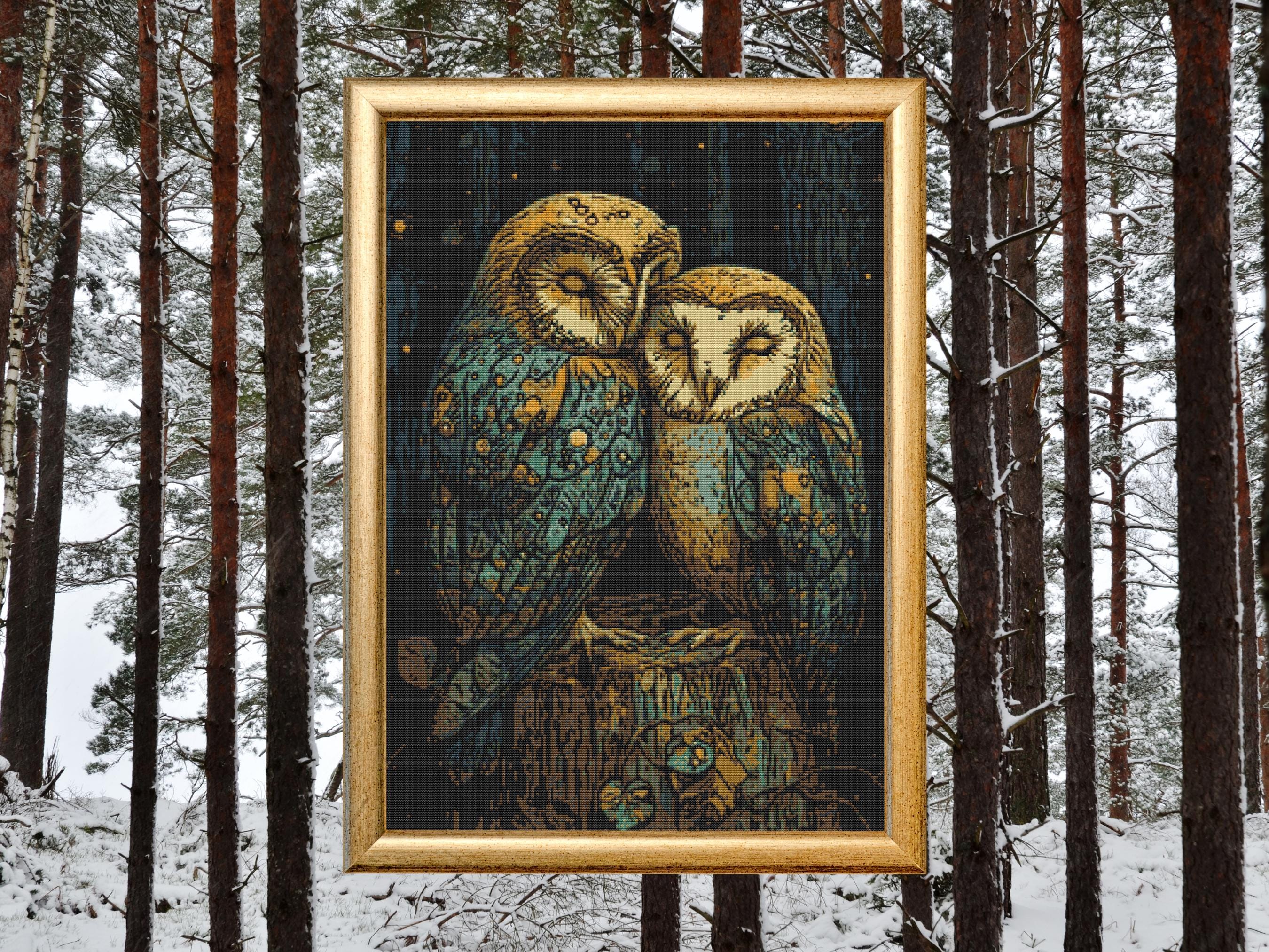 Owl Couple Cross Stitch Pattern Cozy Forest Design Beginner Friendly Needlework Less Confetti Colors