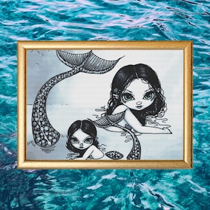 Mermaid Mother and Child Cross Stitch Pattern PDF for Pattern Keeper | Monochrome Fantasy Ocean Duo with Green Eyes Jasmine Becket-Griffith