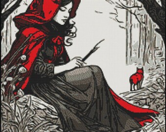 Red Riding Hood Cross Stitch Pattern - DIY Embroidery  - Modern Monochrome Craft - Fairy Tale Cross Stitch