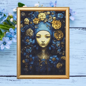 Whimsical Girl with Blue and Yellow Floral Crown Cross Stitch Pattern, Easy DIY Nature-Inspired Needlework, Pattern Keeper Compatible