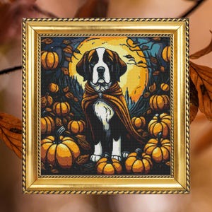 May include: A framed cross-stitch artwork depicting a Bernese Mountain Dog wearing a cape and surrounded by pumpkins. The dog is white and black with brown markings. The background is a dark blue with a yellow moon.