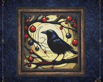 May include: A framed cross-stitch embroidery featuring a black crow perched on a tree branch. The branch is decorated with hanging red and blue spherical ornaments against a pale yellow circular background, all enclosed in a dark wooden frame.