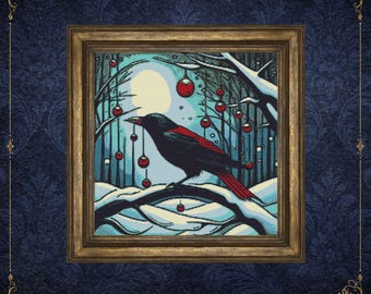 May include: A framed cross-stitch embroidery depicting a black bird with red wing accents perched on a snow-covered branch. The scene features a pale moon, bare trees, and hanging red ornaments against a light blue background. The frame is gold.