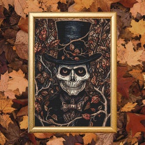 Gothic Skeleton in Top Hat Cross Stitch Pattern for Halloween Decor, Elegant Skull Needlework Design, Beginner-Friendly