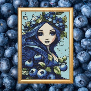 Blueberry Fairy Cross Stitch Pattern PDF | Whimsical Forest Spirit Embroidery | Blue Hair Nature Goddess Chart | Pattern Keeper