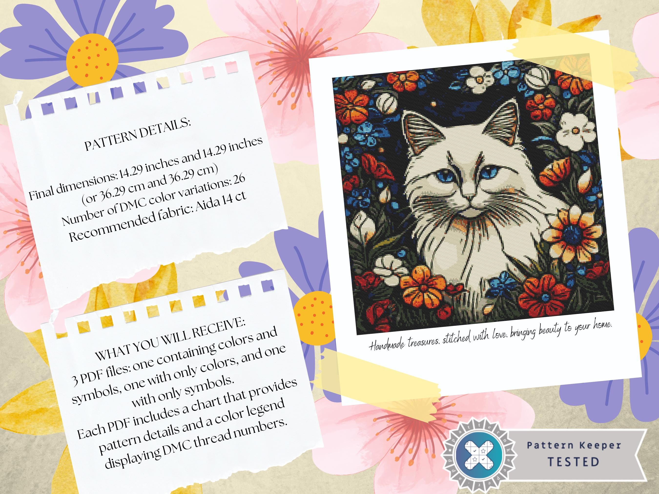 Ragdoll Cat Cross Stitch Pattern PDF | Blue-eyed White Floral Cat ...
