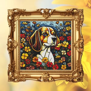 May include: A framed cross-stitch artwork featuring a beagle dog with brown and white fur, surrounded by colorful flowers. The dog is looking to the right, and the background is a blue sky with white clouds.