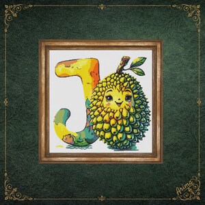 May include: A cross stitch pattern featuring a large, colorful letter J with a gradient of yellow, orange, and green. Beside the letter is a stylized, anthropomorphic jackfruit character with a smiling face, large eyes, and green leaves.