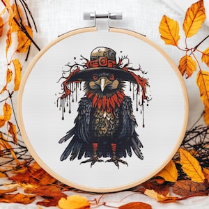 Witchy Crow Cross Stitch Pattern – Halloween Raven with Hat PDF, Spooky Autumn Decor, Low Confetti, Pattern Keeper Compatible