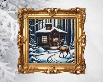 Deer and Cabin Cross Stitch Pattern - Winter Holiday Needlework (PDF)