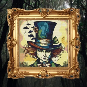 Mad Hatter Cross Stitch Pattern, Eclectic Alice in Wonderland Embroidery, Unique Artistic PDF Design