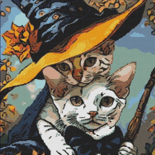 Two Devon Rex Wizzards  |  Wicca Cross Stitch Pattern Digital  | Gothic | Creepy | Witch | Witchcraft | Dark | Spooky Xstitch PDF