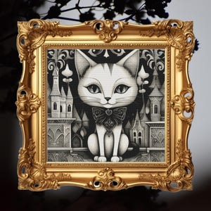 May include: A black and white illustration of a cat wearing a bow tie, set against a backdrop of a whimsical, gothic-inspired cityscape. The cat has a white face and body with black eyes and a black nose. The cityscape is made up of tall, narrow buildings with pointed roofs and intricate details.